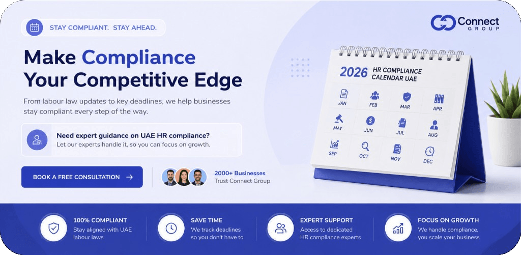 2026 HR Compliance Calendar UAE promotional banner by Connect Group featuring a desk calendar and a call to action for HR consultation.